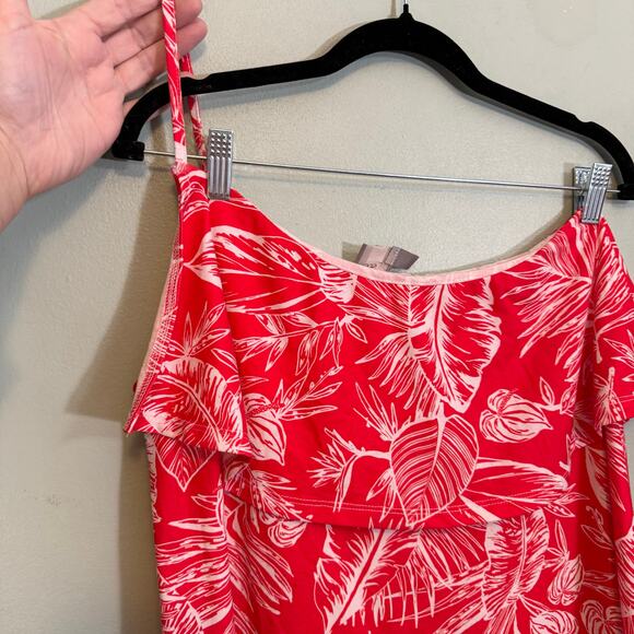 Asos Mini Shift Dress 10 Red White Leaf Ruffled Spaghetti Straps Tropical Summer - Picture 5 of 8